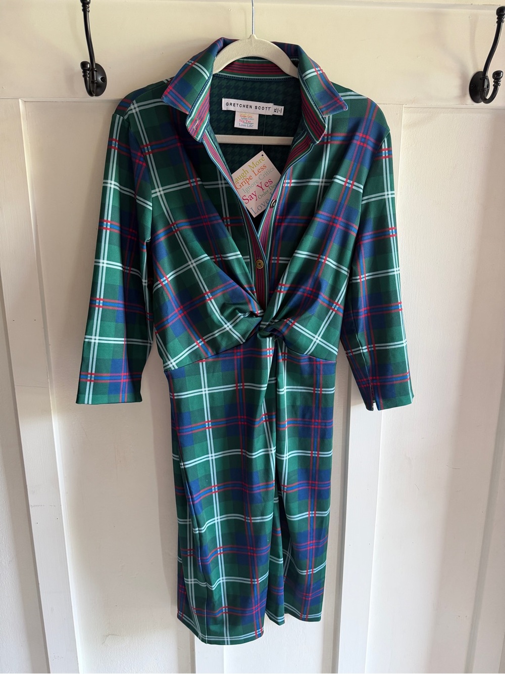 Gretchen Scott "Twist &Shout" Green Plaid Tie-Front Midi Dress  XL